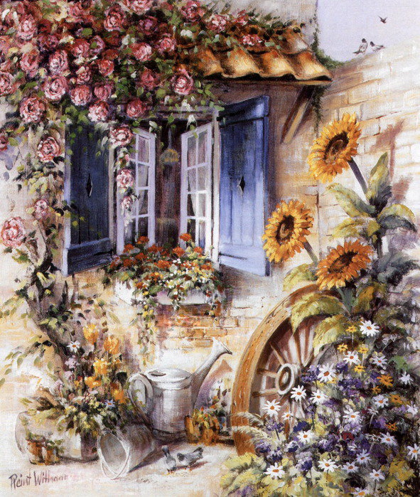 картина - пейзаж, окошко.цветы, деревня - оригинал