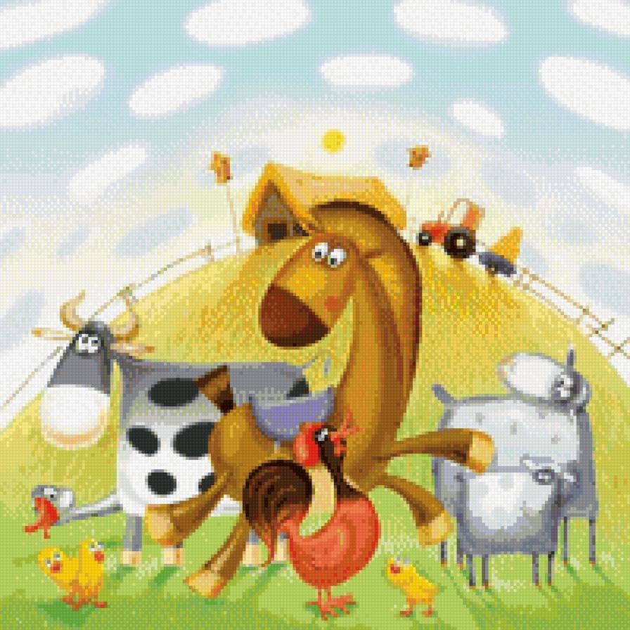 домик в деревне - холм, друзья, трактор, мультяшки, детям, лошадь, дом, петух, овцы, корова - предпросмотр