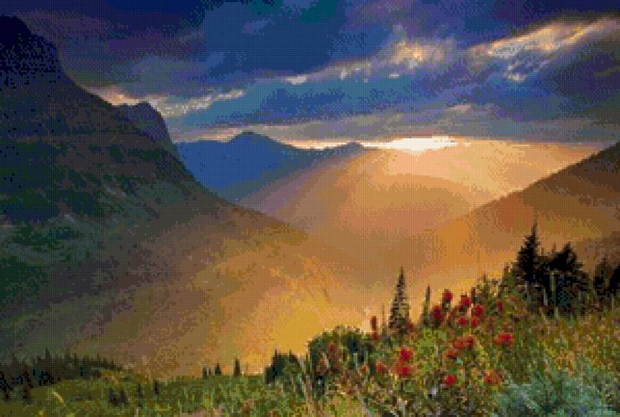 Рассвет в горах - цветы, рассвет, горы - предпросмотр