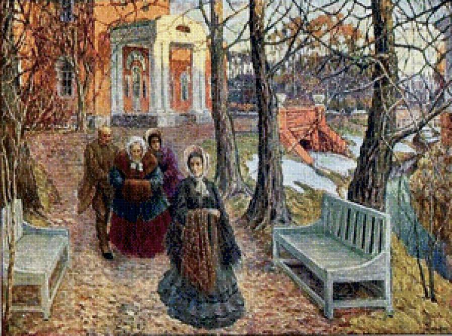 СТАРЫЕ ГОДЫ - скамейка, осень, дом, старушка, усадьба, имение, прогулка - предпросмотр