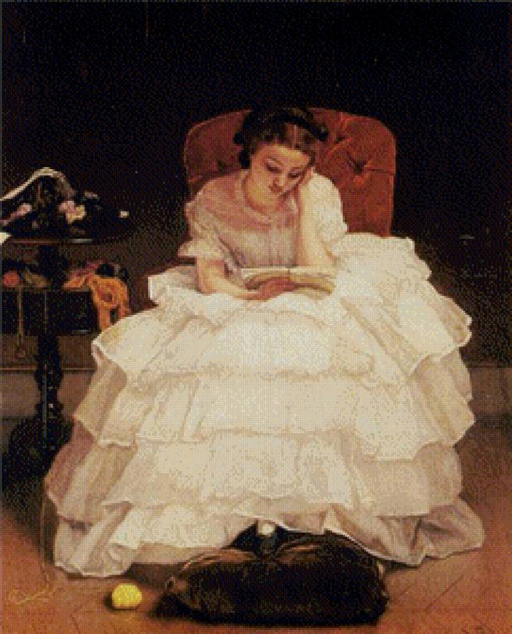 ДАМА ЗА ЧТЕНИЕМ - дама, чтение, кресло, платье, пуф, книга - предпросмотр