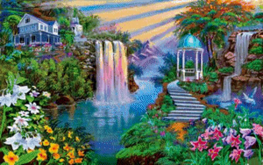 сказочный пейзаж - сказка, беседка, пейзаж, дом, природа, водопад, цветы - предпросмотр