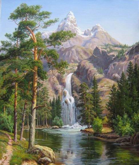 горный пейзаж - природа, пейзаж, водопад - оригинал