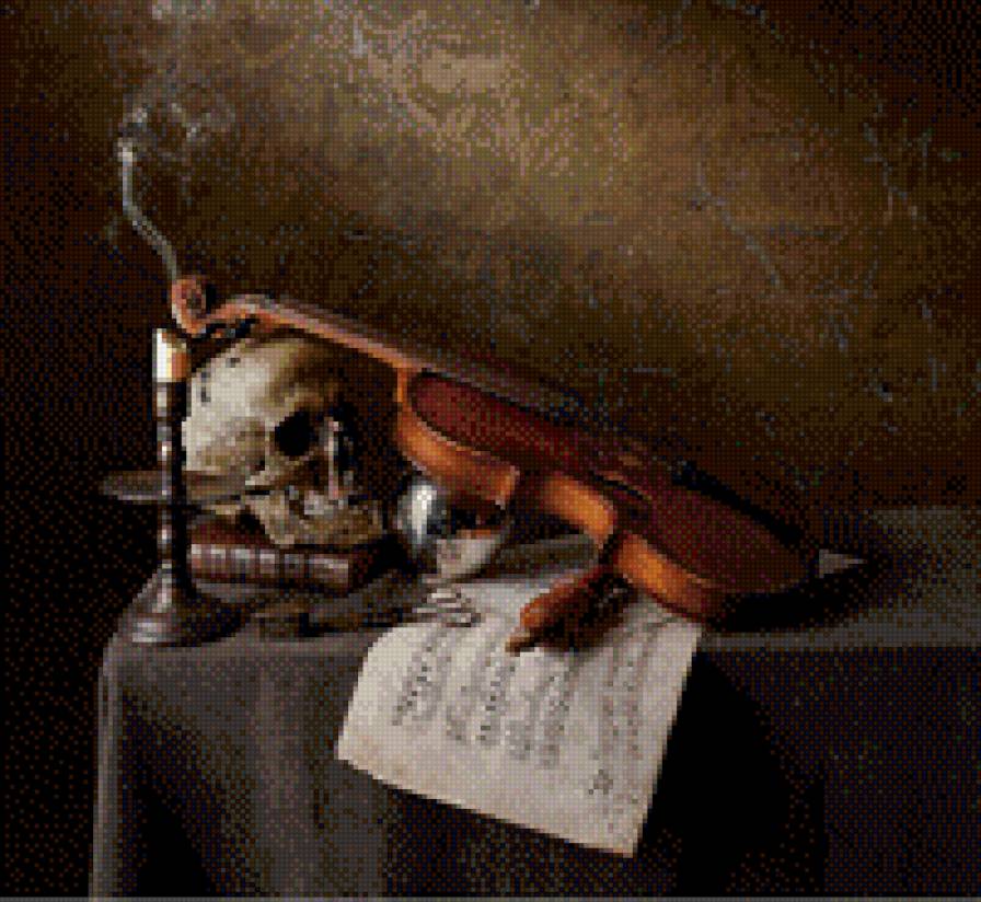натюрморт со скрипкой - череп, натюрморт, скрипка, музыка - предпросмотр