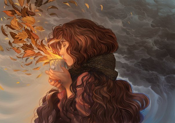 Осенний ветер - ветер, девушка, чай, листья, осень - оригинал