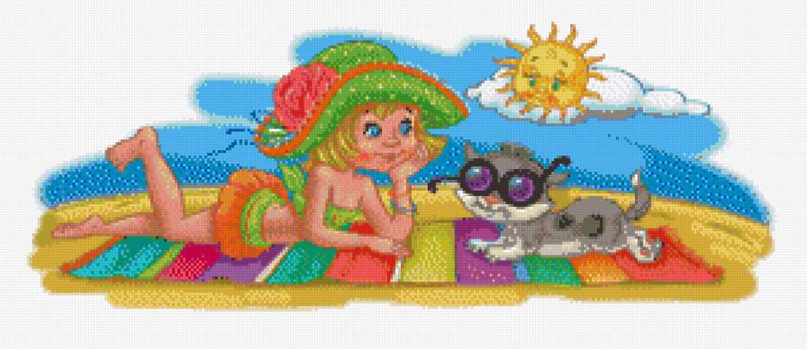 на пляже - лето, котик, дети, кот, пляж, кошка, солнце, детская - предпросмотр