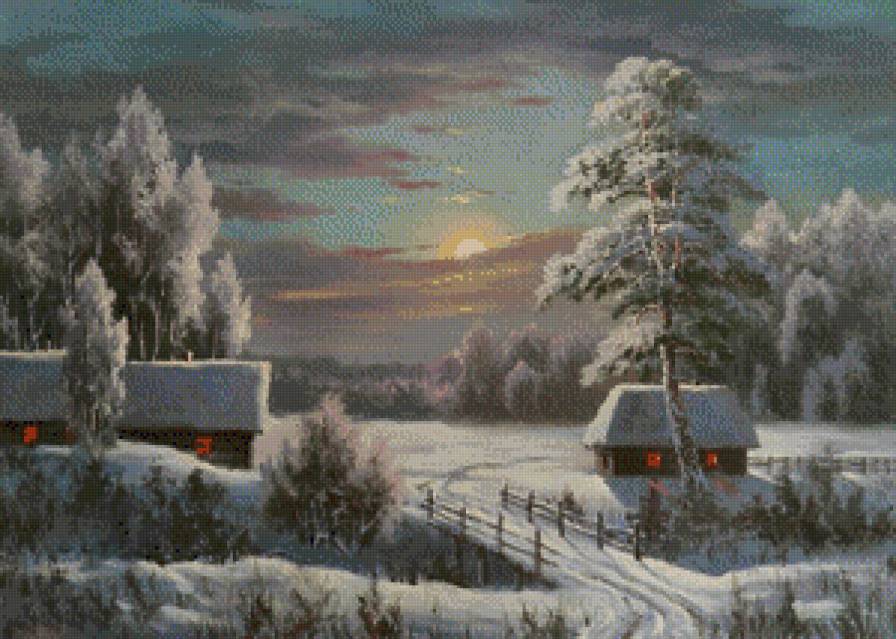 Зимний вечер - пейзаж, природа, деревня, зима - предпросмотр