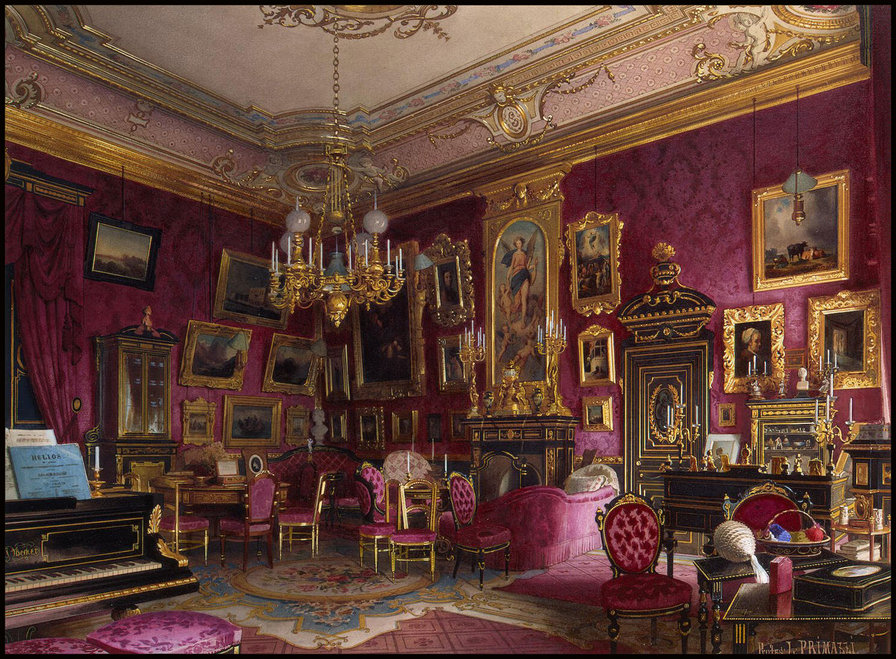 СЕРИЯ  "ОСОБНЯК БАРОНА ШТИГЛИЦА". КАБИНЕТ БАРОНЕССЫ - кабинет, кресла, мебель, шторы, стол, люстры - оригинал