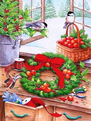 рождественский беспорядок - птицы, рождественский венок, веночек, зима, рождество, окно - оригинал