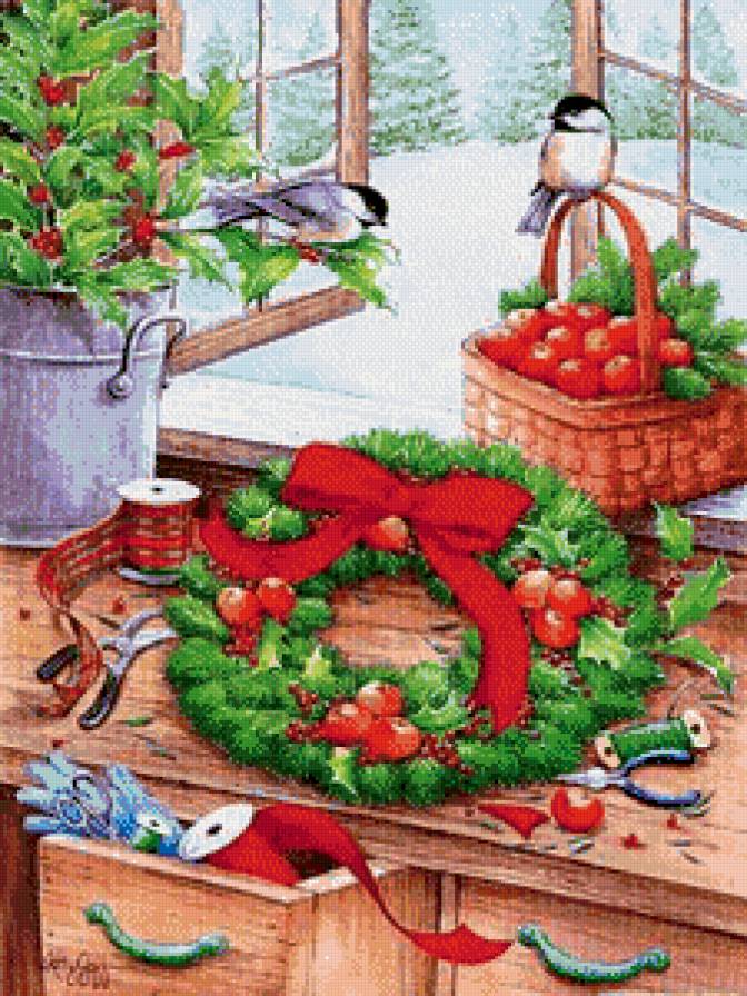 рождественский беспорядок - веночек, зима, рождество, окно, птицы, рождественский венок - предпросмотр