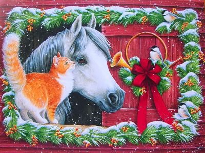 друзья - кот, лошадь, рождество, лошадка, кошка, котик, животные, конь, зима - оригинал