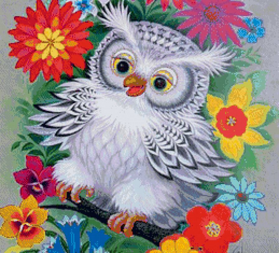 веселый совенок - птицы, птица, цветы, сова, совенок - предпросмотр