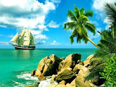 остров - море, пальмы, парусник, остров, корабль, морская тематика - оригинал