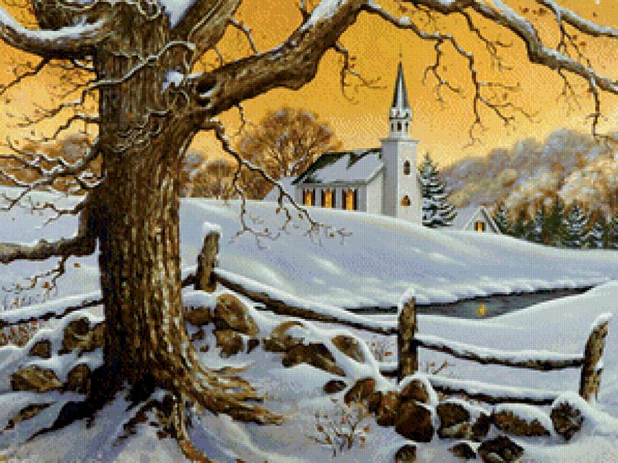 картина - пейзаж, церковь, зима, природа, дорога,  - предпросмотр