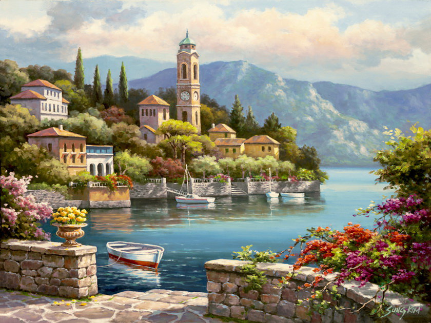 картина - пейзаж, цветы, море, природа, горы - оригинал