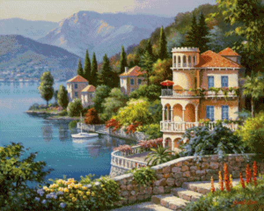 картина - горы, цветы, природа, пейзаж, море - предпросмотр