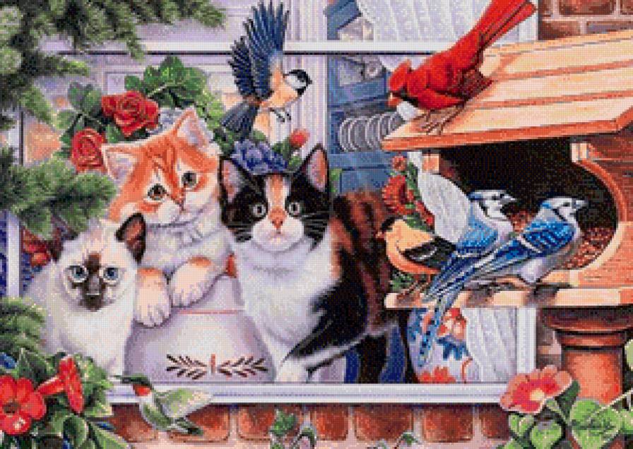 котики - птицы, кот, кошки, животные, кошка, птица, картина - предпросмотр