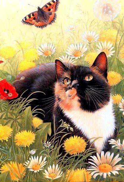 Кошка с бабочкой - кошка, цветы - оригинал