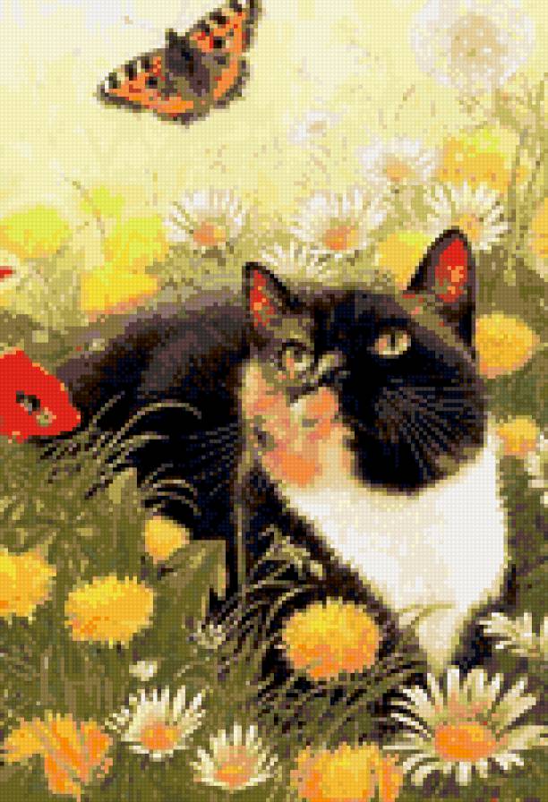 Кошка с бабочкой - цветы, кошка - предпросмотр