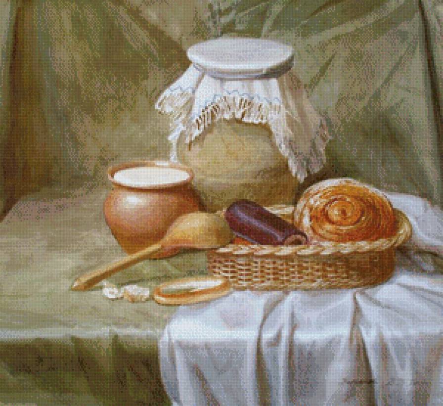 СЕРИЯ "НАТЮРМОРТЫ". ДЕРЕВЕНСКИЙ НАТЮРМОРТ - завтрак, булка, пышка, кувшин, скатерть - предпросмотр