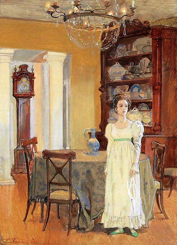 В УСАДЬБЕ - девушка, комната стол, лето, усадьба, часы - оригинал