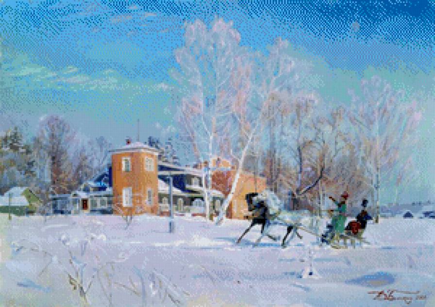 ЗИМА В УСАДЬБЕ - снег, усадьба, дом, кучер, сани, имение, деревья, зима - предпросмотр