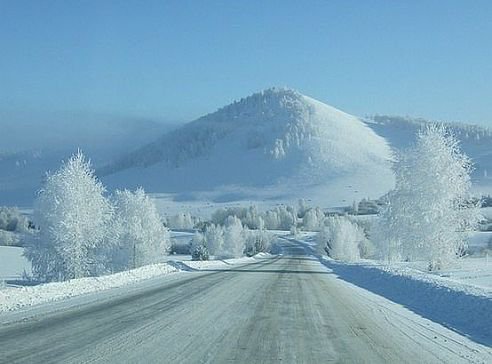 Зимняя дорога - гора, дорога, пейзаж, зима - оригинал
