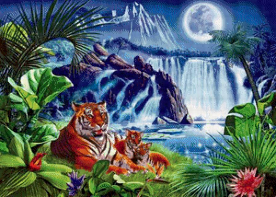 тигры - картина, животные, пейзаж, тигр, кошки, хищники, природа, водопад - предпросмотр