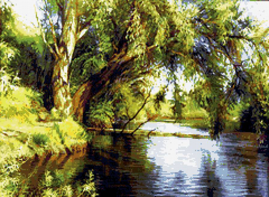 Ива у реки - пейзаж, деревья, ива, вода, лето, река - предпросмотр