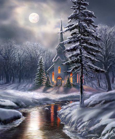 Зимний вечер - пейзаж, церковь. сумерки, река, зима - оригинал