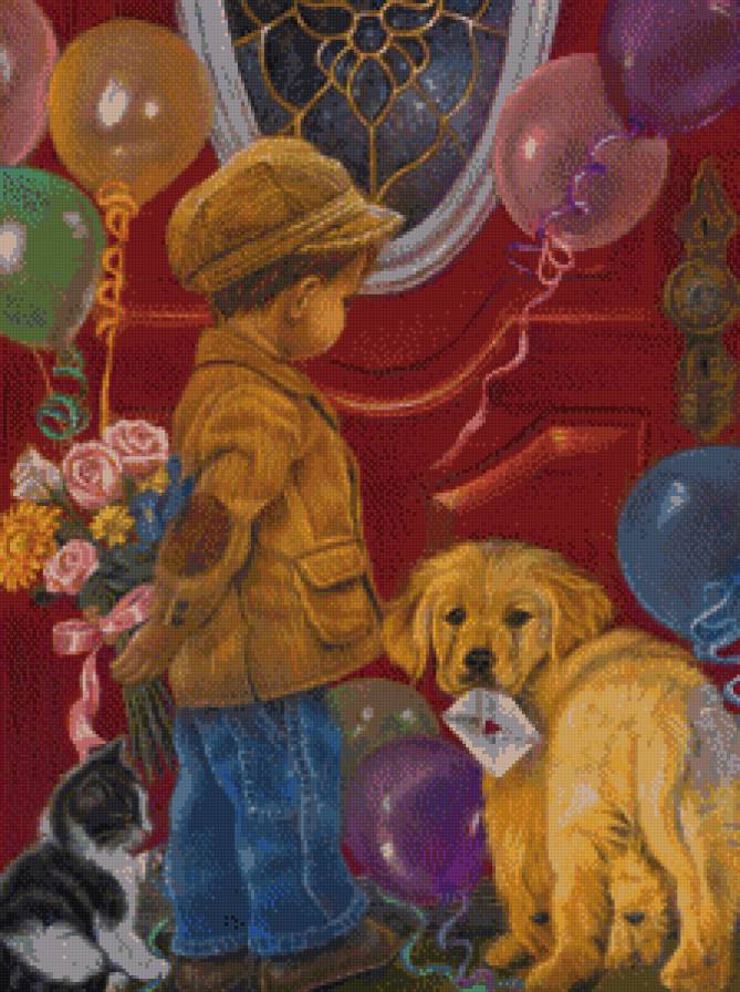 серия "дети с живностями" - дети.мальчик.цветы.букет.письмо - предпросмотр