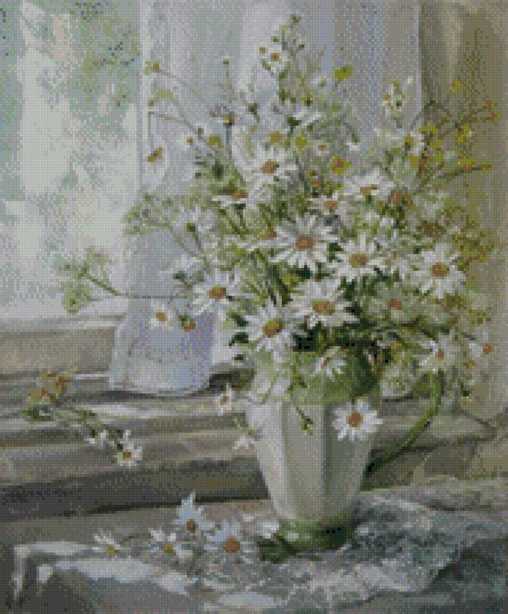 Цветы Оксаны Кравченко - букет, цветы, картина, ромашки - предпросмотр