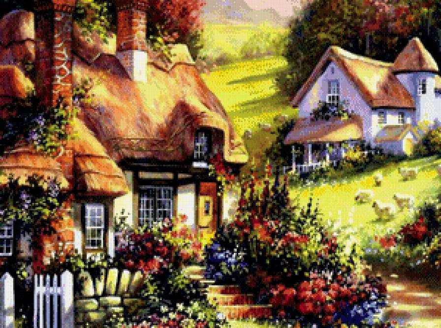 Домик в цветах - деревня, цветы, домик, дом - предпросмотр