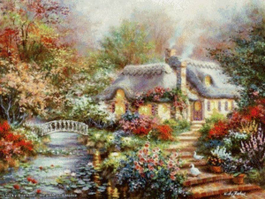 Дом в цветах - домик, цветы, мост, речка - предпросмотр