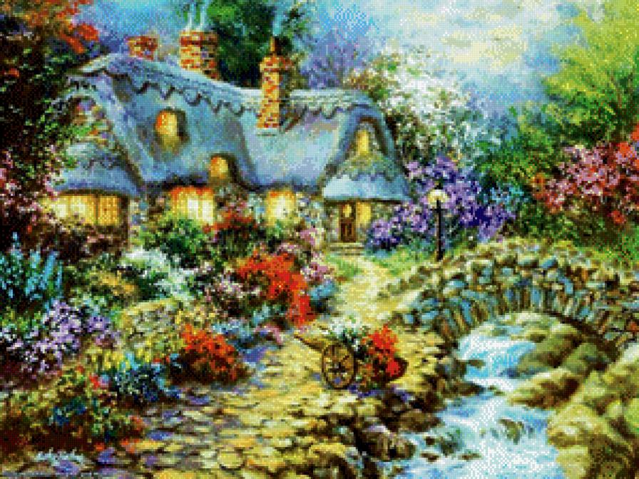 Дом в цветах - мост, домик, цветы, речка - предпросмотр