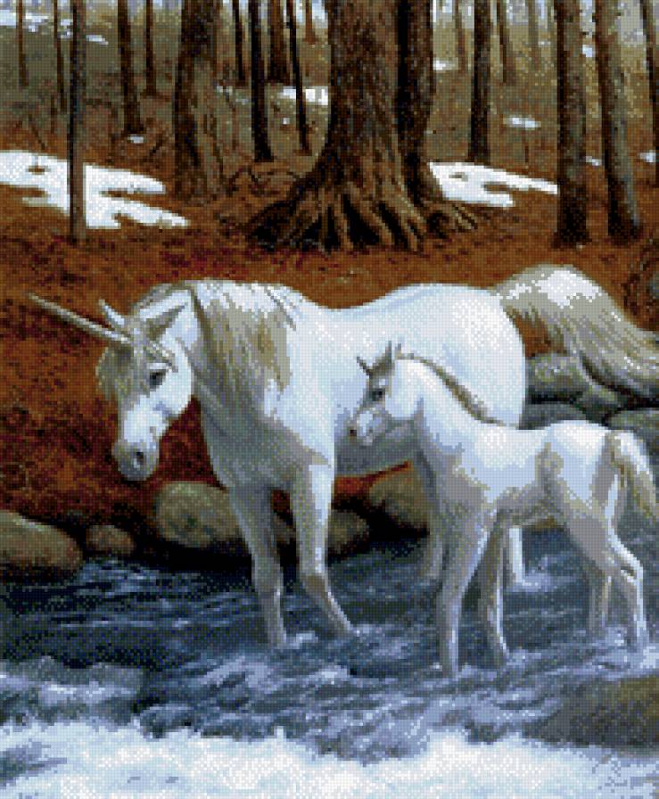 Единороги - единорог, река, лес - предпросмотр