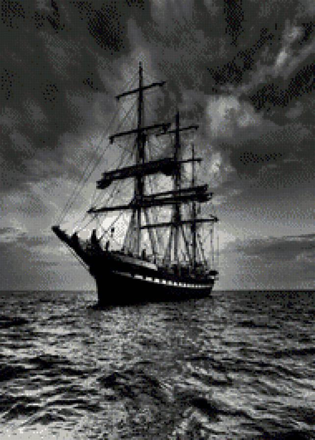 корабль - море, корабль, черно-белое - предпросмотр