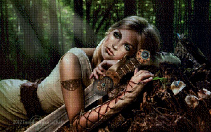 фэнтези - воин, фэнтези, меч, девушка, лес - предпросмотр