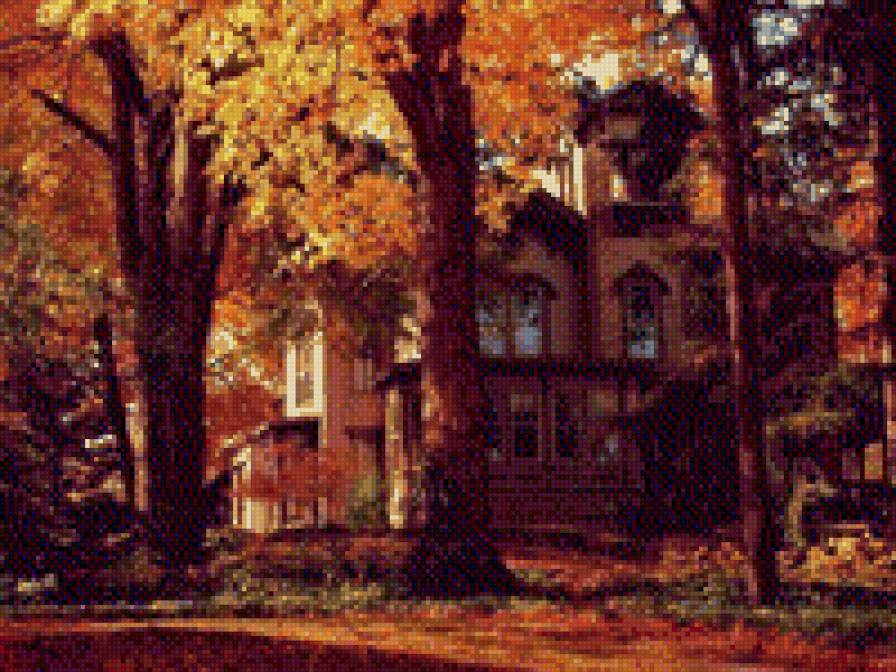 домик в осеннем лесу - осень, дом, пейзаж, листья, лес - предпросмотр