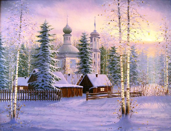 Зимний вечер - домики, березы, деревня, пейзаж, зима, церковь - оригинал