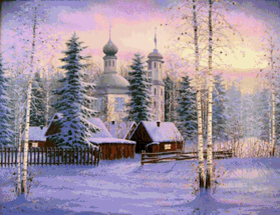 Зимний вечер - церковь, пейзаж, березы, домики, зима, деревня - предпросмотр