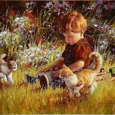 Схема вышивки «Малыш с котятами на природе»