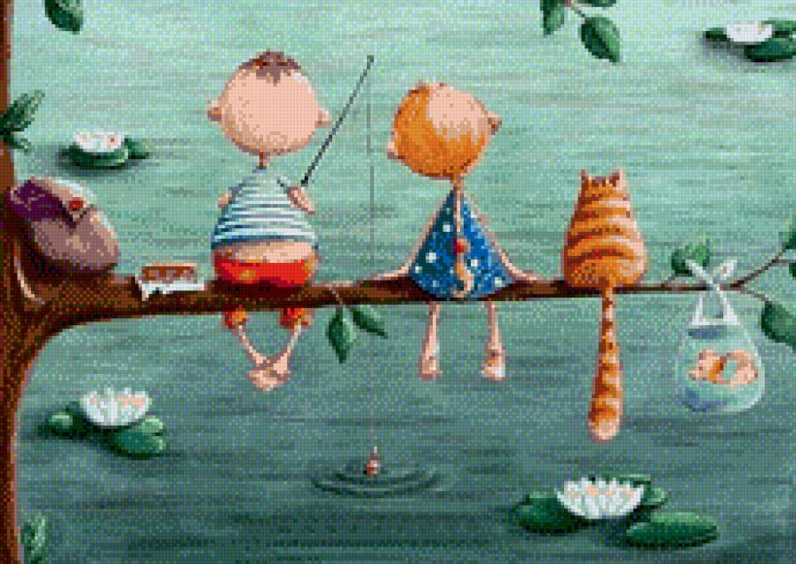 На рыбалке - компания, пруд, рыбалка, дети - предпросмотр