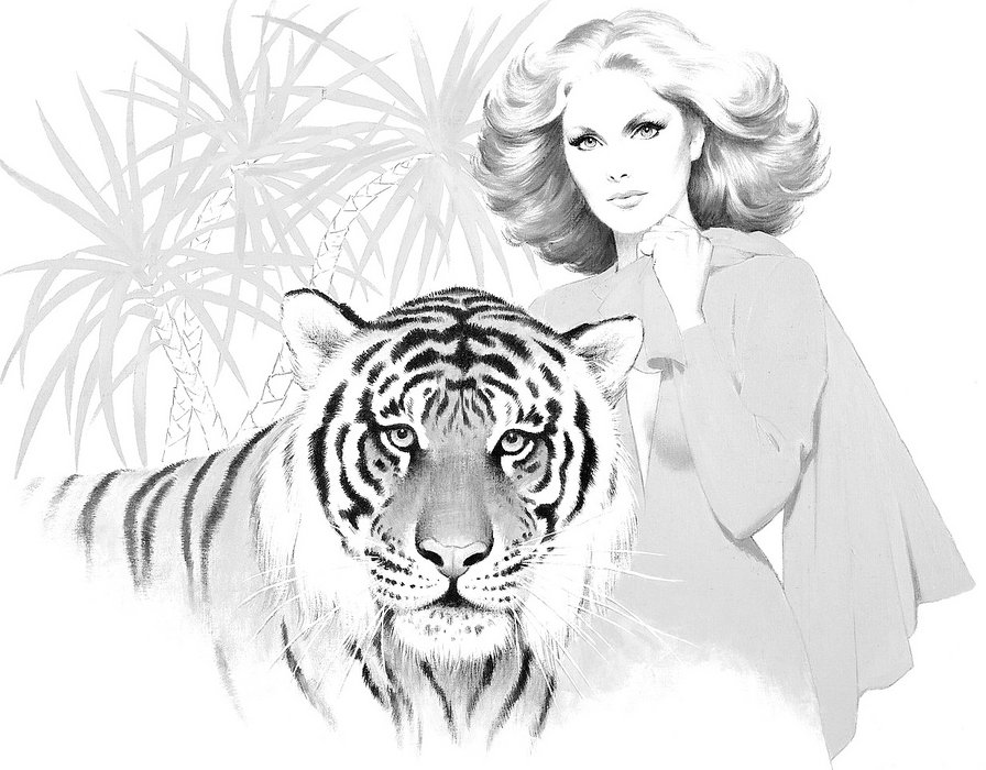 Леди с тигром... - большие кошки, дама, люди, животные, монохром, тигр - оригинал