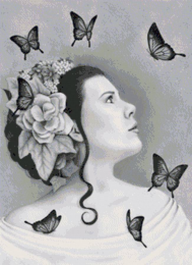 Леди и бабочки... - люди, женщина, портрет, бабочки, дама, монохром - предпросмотр