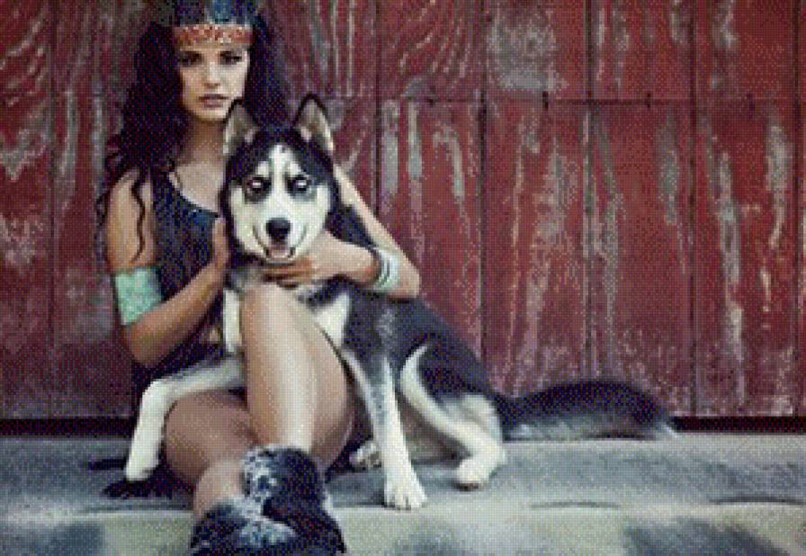 Девушка и хаски - собака, девушка, картина - предпросмотр