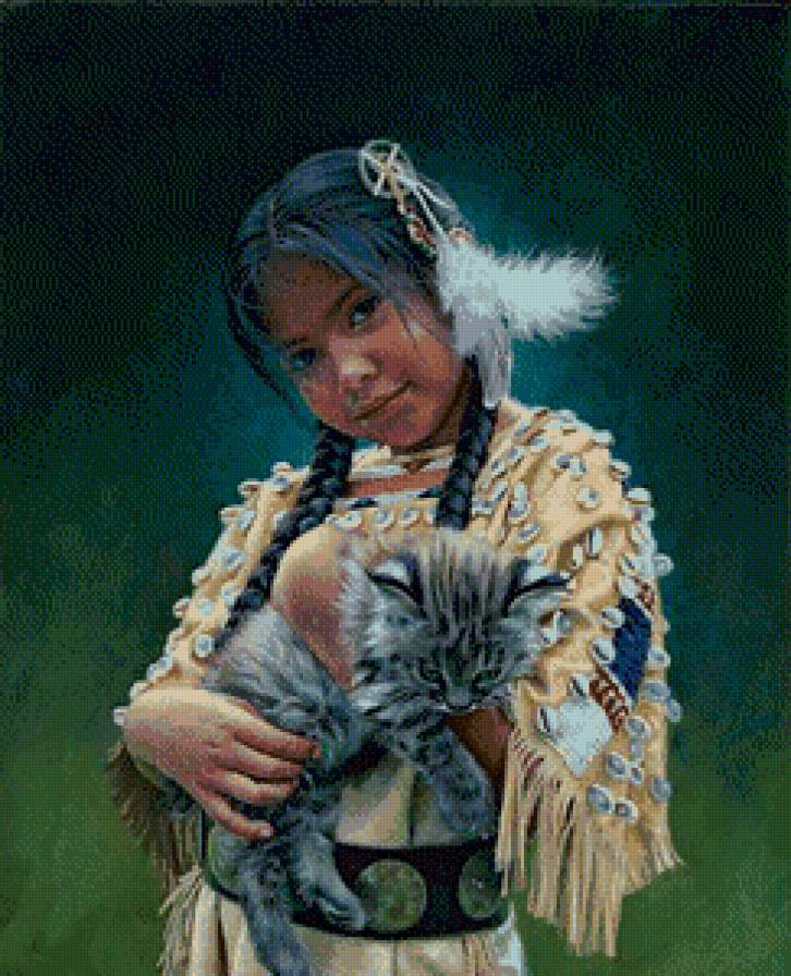 Индейская девочка с котенком - предпросмотр