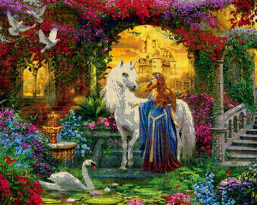 сказочный пейзаж - лошадь, птицы, девушка, цветы - предпросмотр