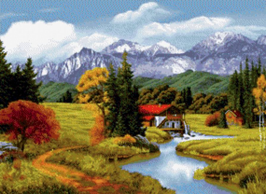 картина - домик, речка, пейзаж, горы, природа, река, дом - предпросмотр