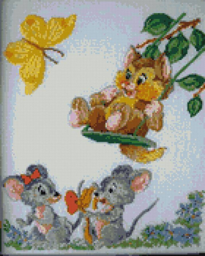 мышки и котенок - мышки, кот, качели - предпросмотр